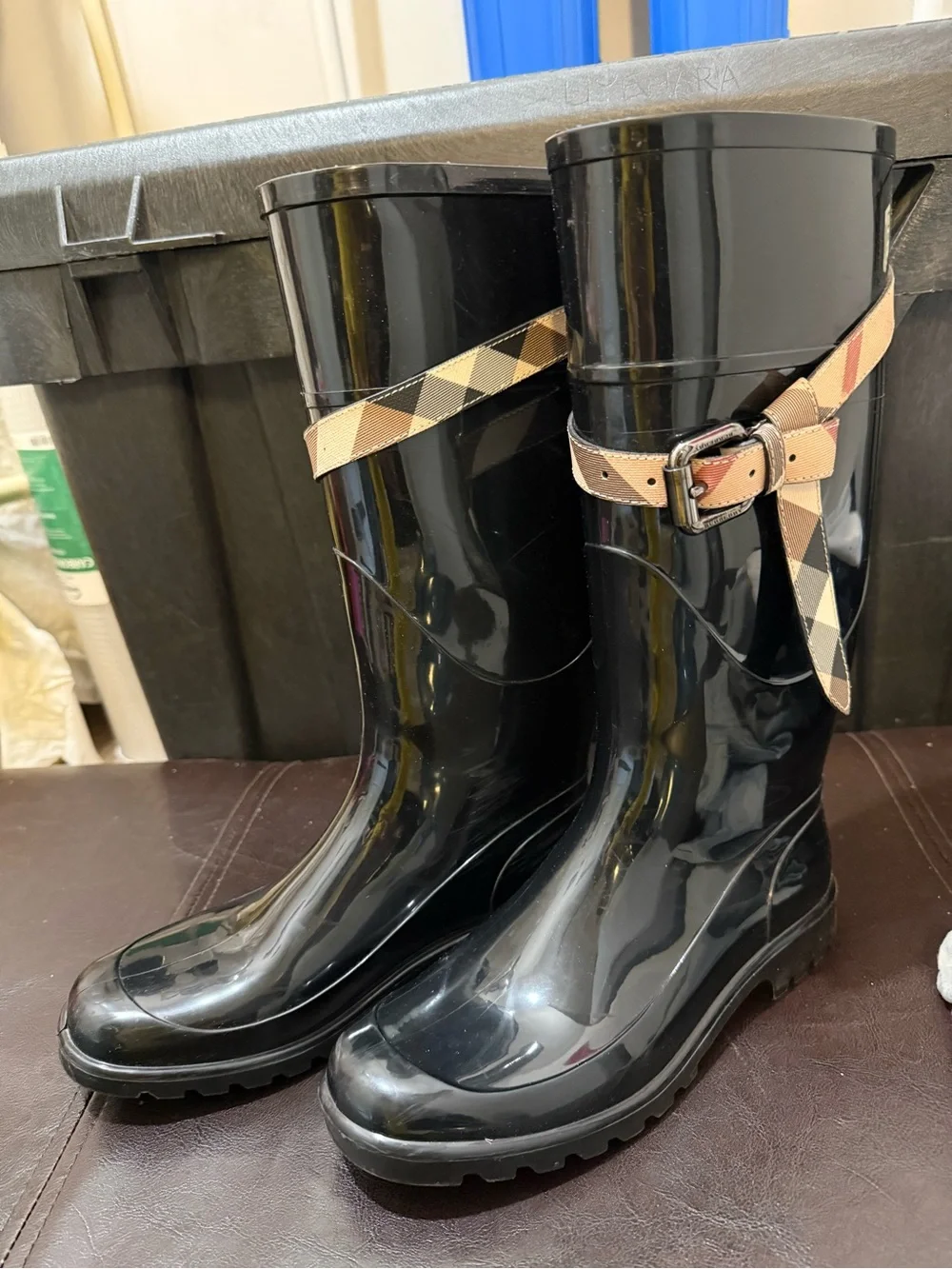 Authentic Burberry Black Rain Boots with Plaid Strap